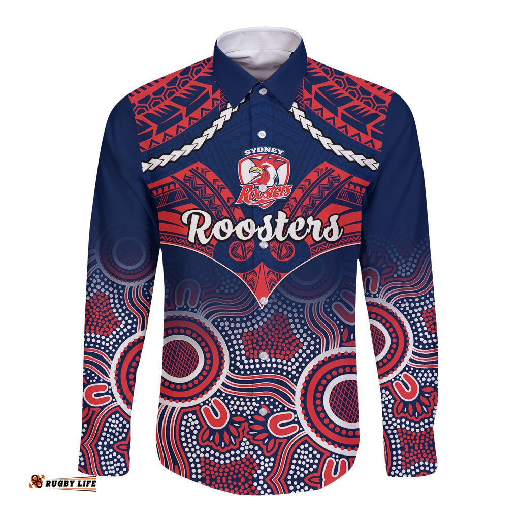 Roosters Rugby Long Sleeve Button Shirt Tricolours 1908 Aboriginal Mix Polynesian Pattern