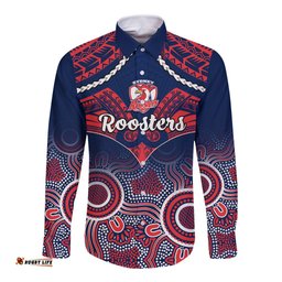 Roosters Rugby Long Sleeve Button Shirt Tricolours 1908 Aboriginal Mix Polynesian Pattern