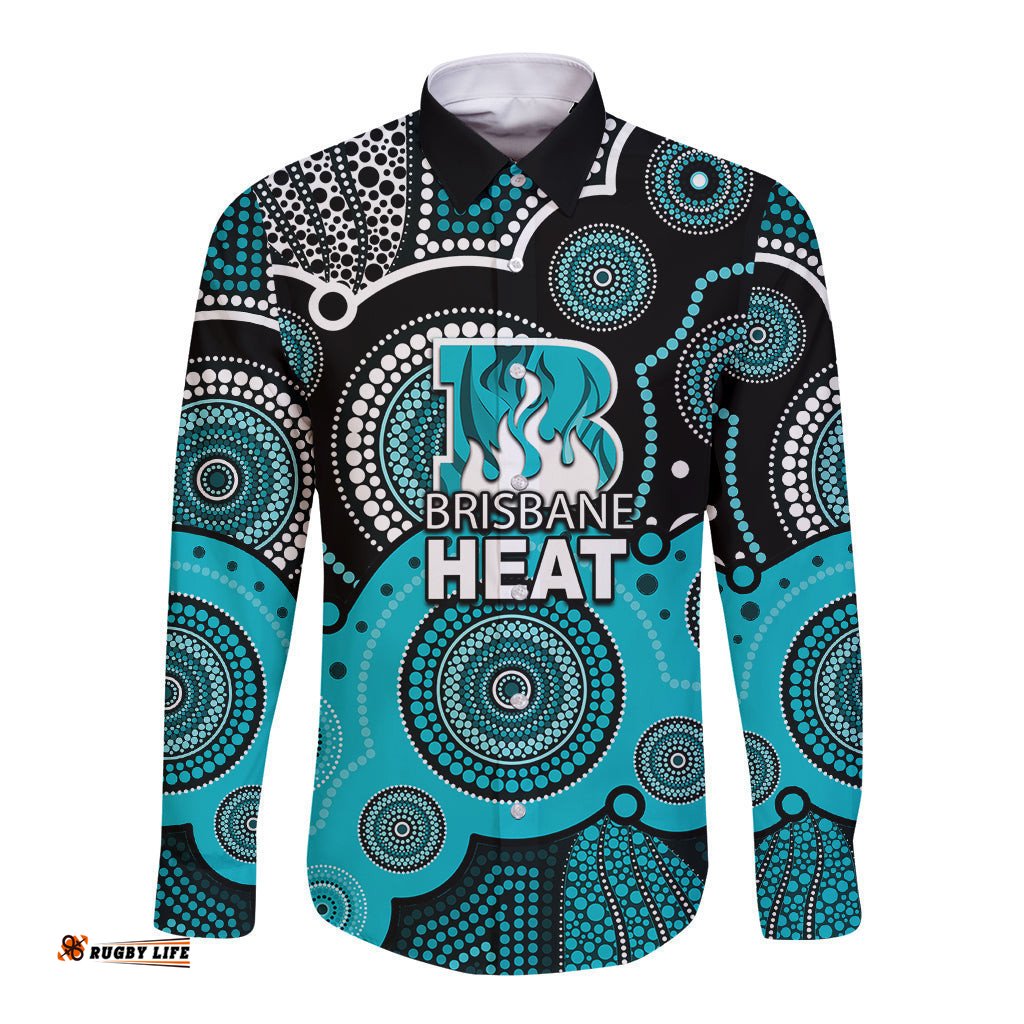 Custom Text And Number Brisbane Heat BBL Long Sleeve Button Shirt Aboriginal Patterns