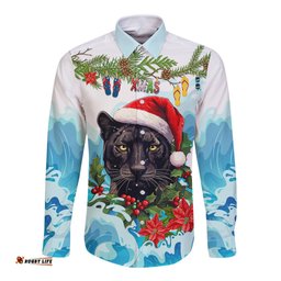 Personalised Australia Panthers Christmas Long Sleeve Button Shirt Merry and Bright Breaking Wave