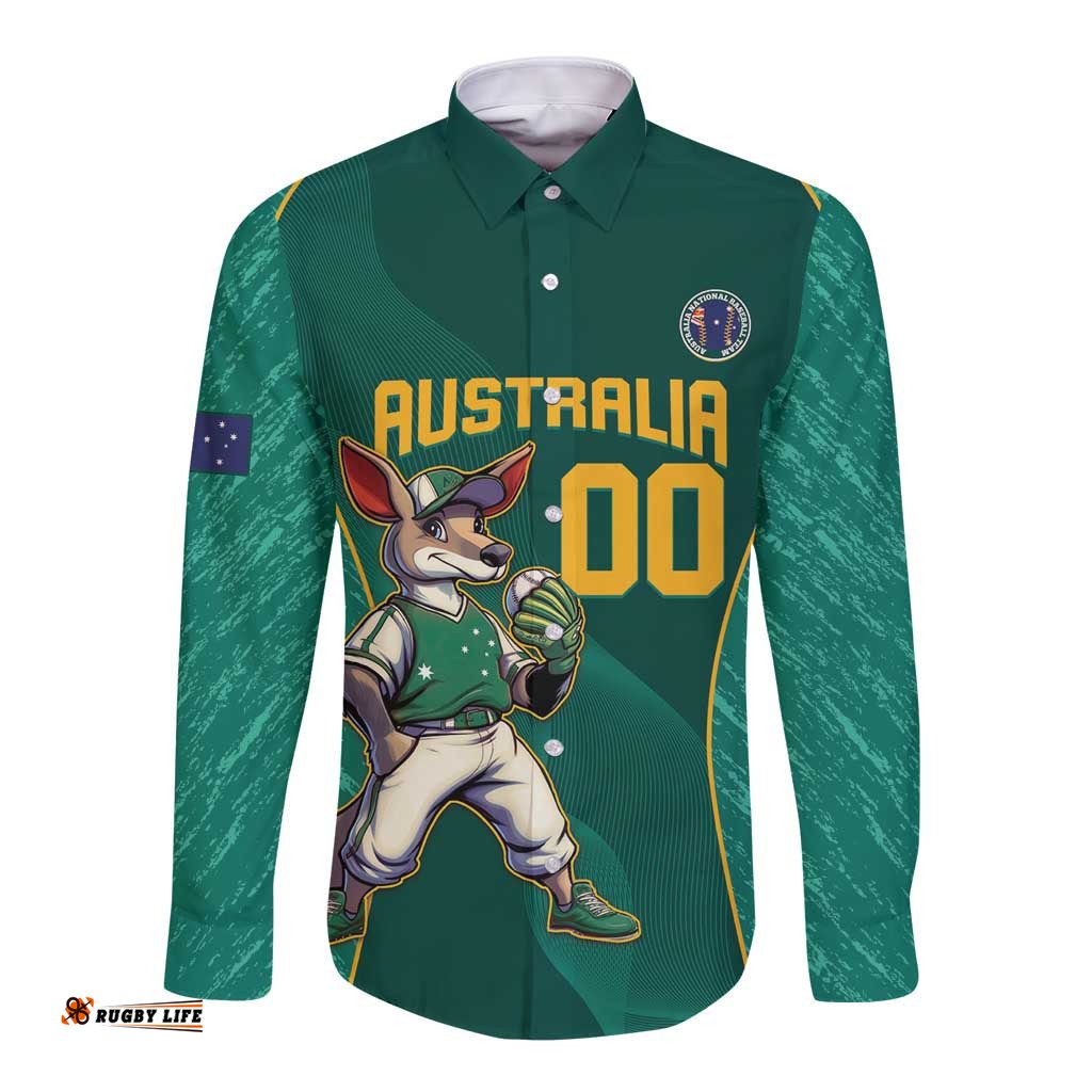 Custom Baseball Australia Long Sleeve Button Shirt Go Champions - Aussie Kangaroo Mascot