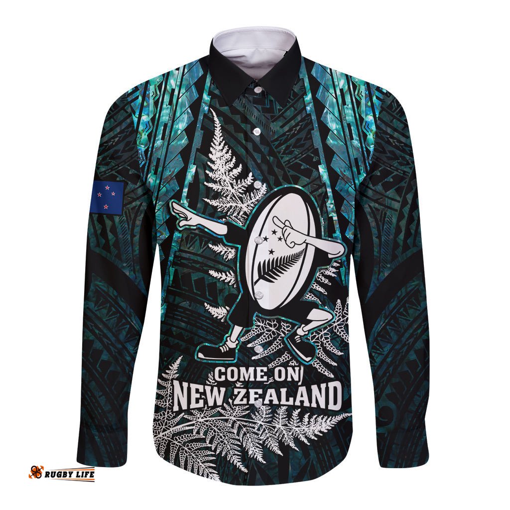New Zealand Silver Fern Rugby Long Sleeve Button Shirt Aotearoa All Black Dabbing Ball With Maori Paua Shell