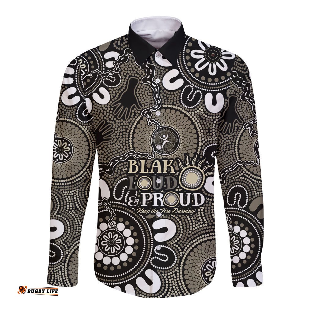 NAIDOC Week 2024 Fire Burning Long Sleeve Button Shirt Aboriginal Dots Black Art