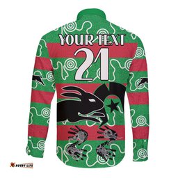 Custom Text And Number NAIDOC Rabbitohs Rugby Long Sleeve Button Shirt Go The Bunnies Aboriginal Dots