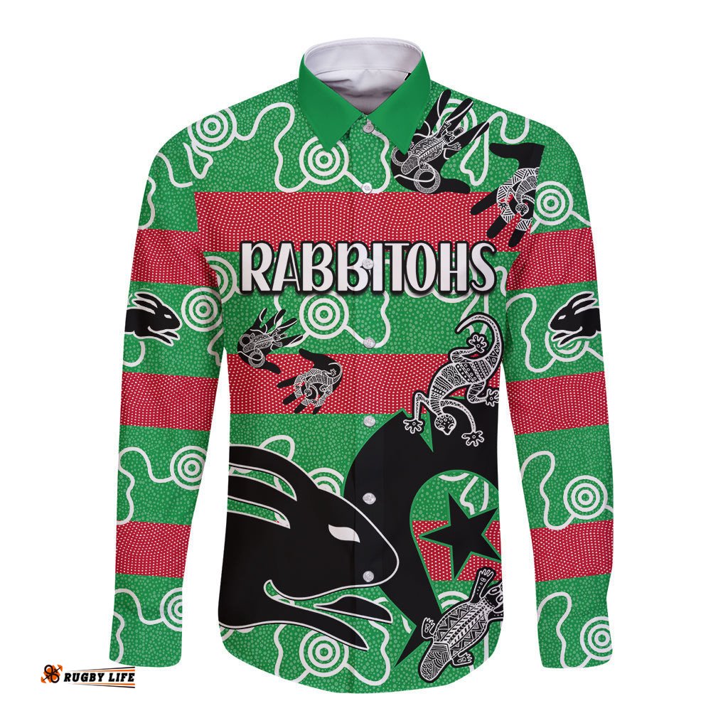 Custom Text And Number NAIDOC Rabbitohs Rugby Long Sleeve Button Shirt Go The Bunnies Aboriginal Dots