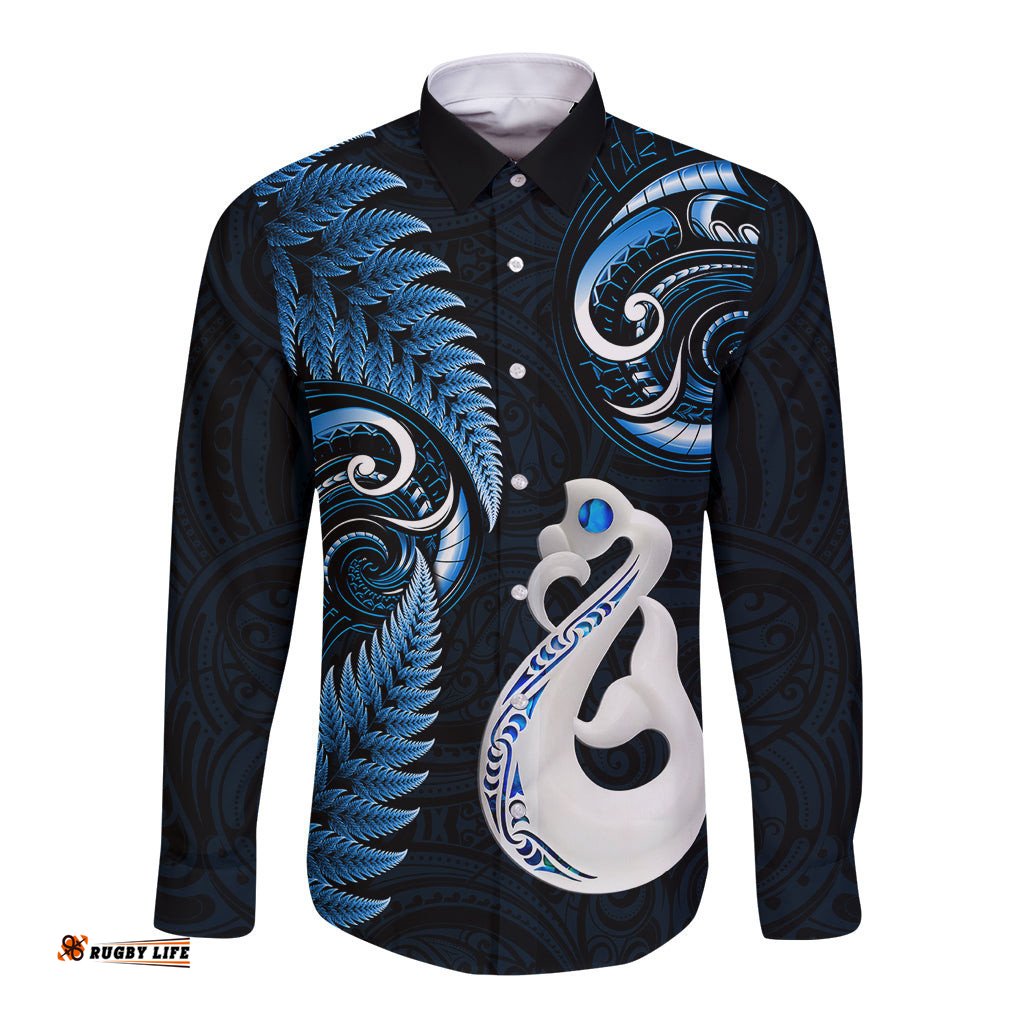 Personalised New Zealand Long Sleeve Button Shirt Aotearoa Silver Fern With Manaia Maori Unique Blue