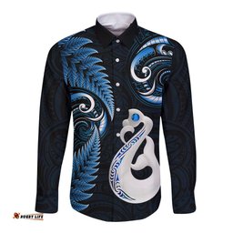 Personalised New Zealand Long Sleeve Button Shirt Aotearoa Silver Fern With Manaia Maori Unique Blue