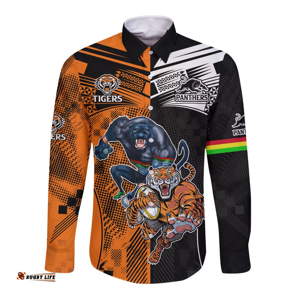 Custom NRL Tigers Combine Panthers Rugby Long Sleeve Button Shirt Sporty Style