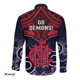 Melbourne Football Long Sleeve Button Shirt Go Demons Aboriginal Mix Polynesian Pattern