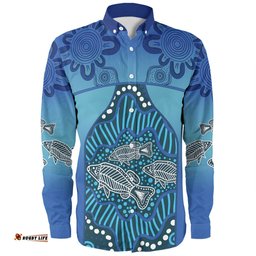 Amazing Aussie Australia Aboriginal Custom Blue Aboriginal Dot With Fish Long Sleeve Shirt