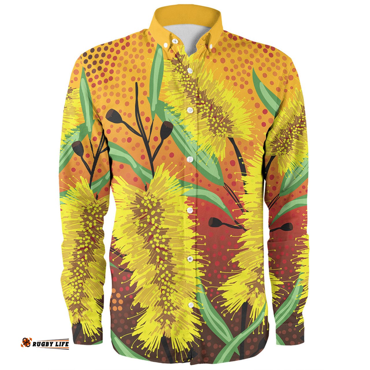 Amazing Aussie Australia Aboriginal Aboriginal Art Of Yellow Bottle Brush Plant Long Sleeve Shirt