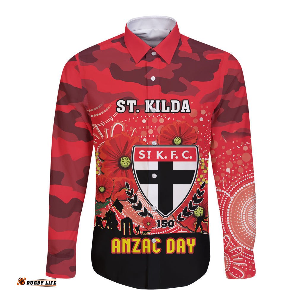 Custom St Kilda Football ANZAC Long Sleeve Button Shirt Gallipoli Camouflage With Poppies