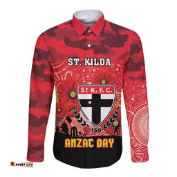 Custom St Kilda Football ANZAC Long Sleeve Button Shirt Gallipoli Camouflage With Poppies
