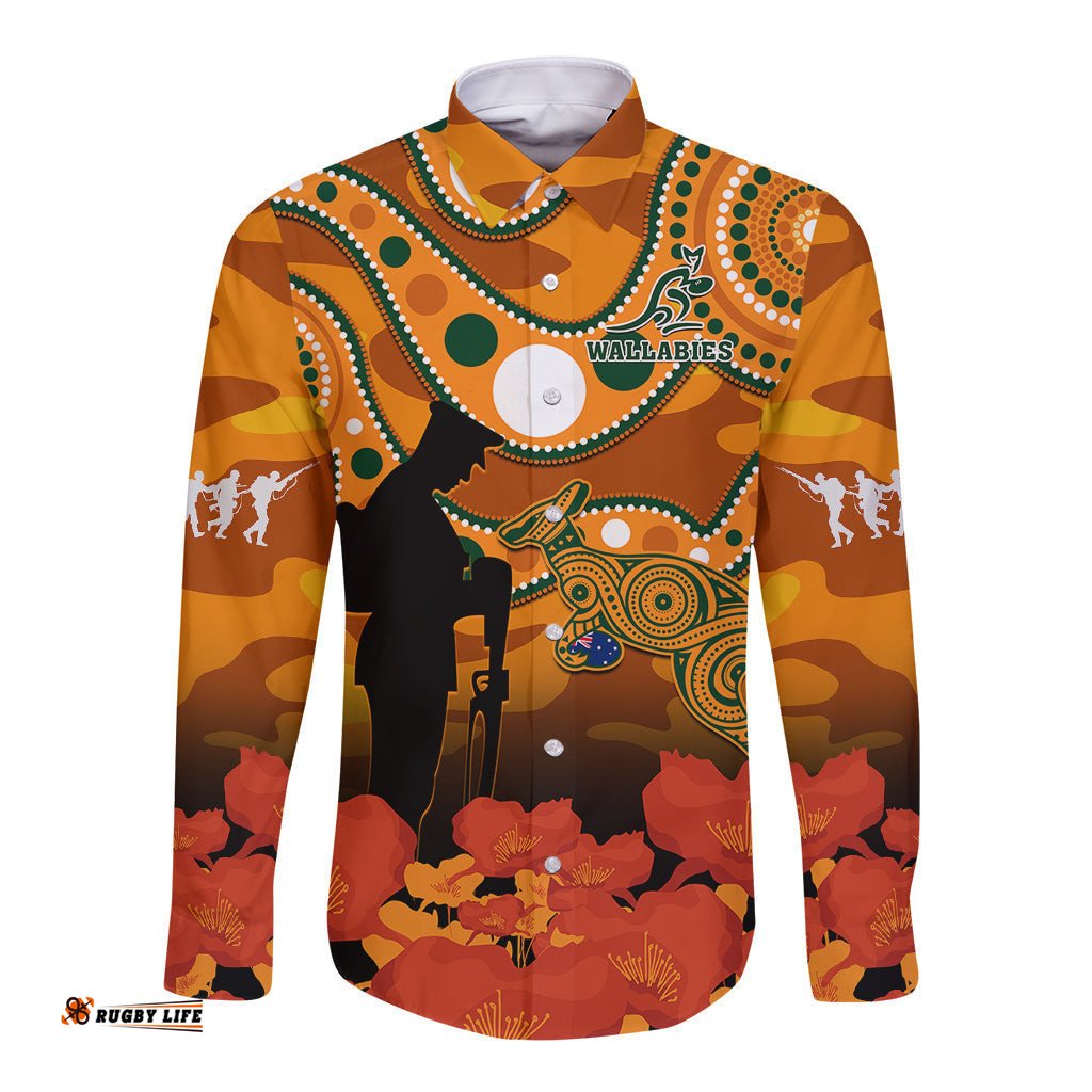 Custom Text And Number Wallabies Rugby ANZAC Long Sleeve Button Shirt Aboriginal Camouflage Lest We Forget