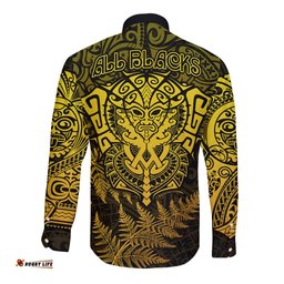 New Zealand Rugby Long Sleeve Button Shirt Silver Fern All Black Mix Ta Moko Gold Style