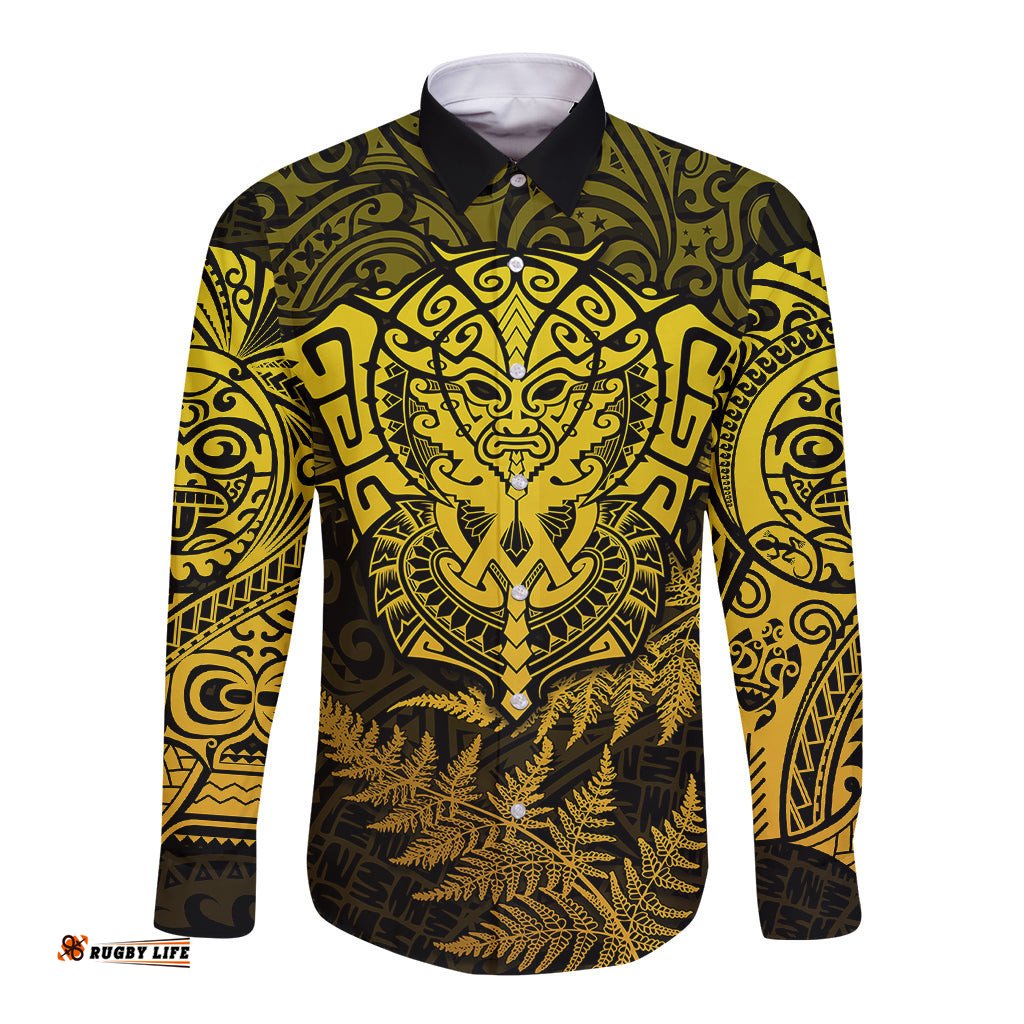 New Zealand Rugby Long Sleeve Button Shirt Silver Fern All Black Mix Ta Moko Gold Style