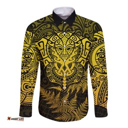 New Zealand Rugby Long Sleeve Button Shirt Silver Fern All Black Mix Ta Moko Gold Style