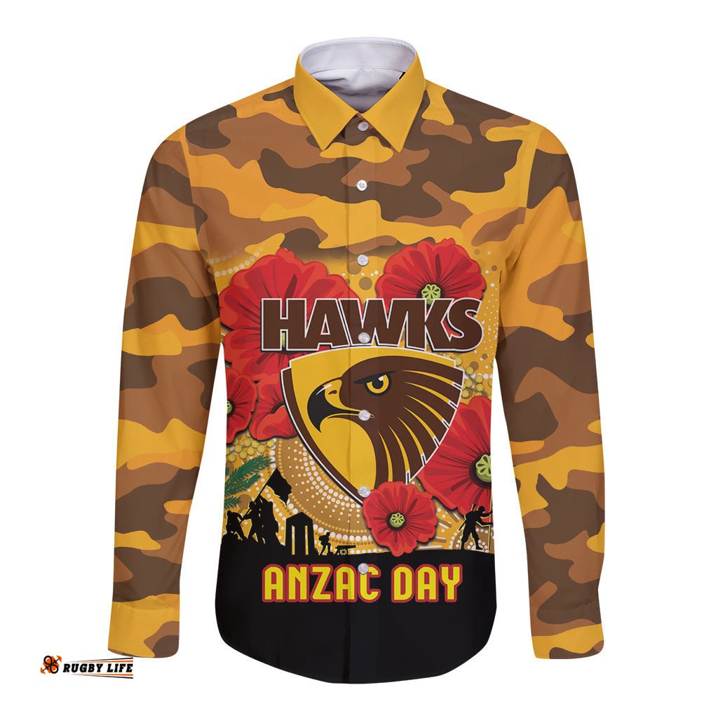 Custom Hawks Football ANZAC Long Sleeve Button Shirt Gallipoli Camouflage With Poppies