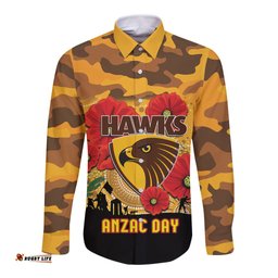Custom Hawks Football ANZAC Long Sleeve Button Shirt Gallipoli Camouflage With Poppies