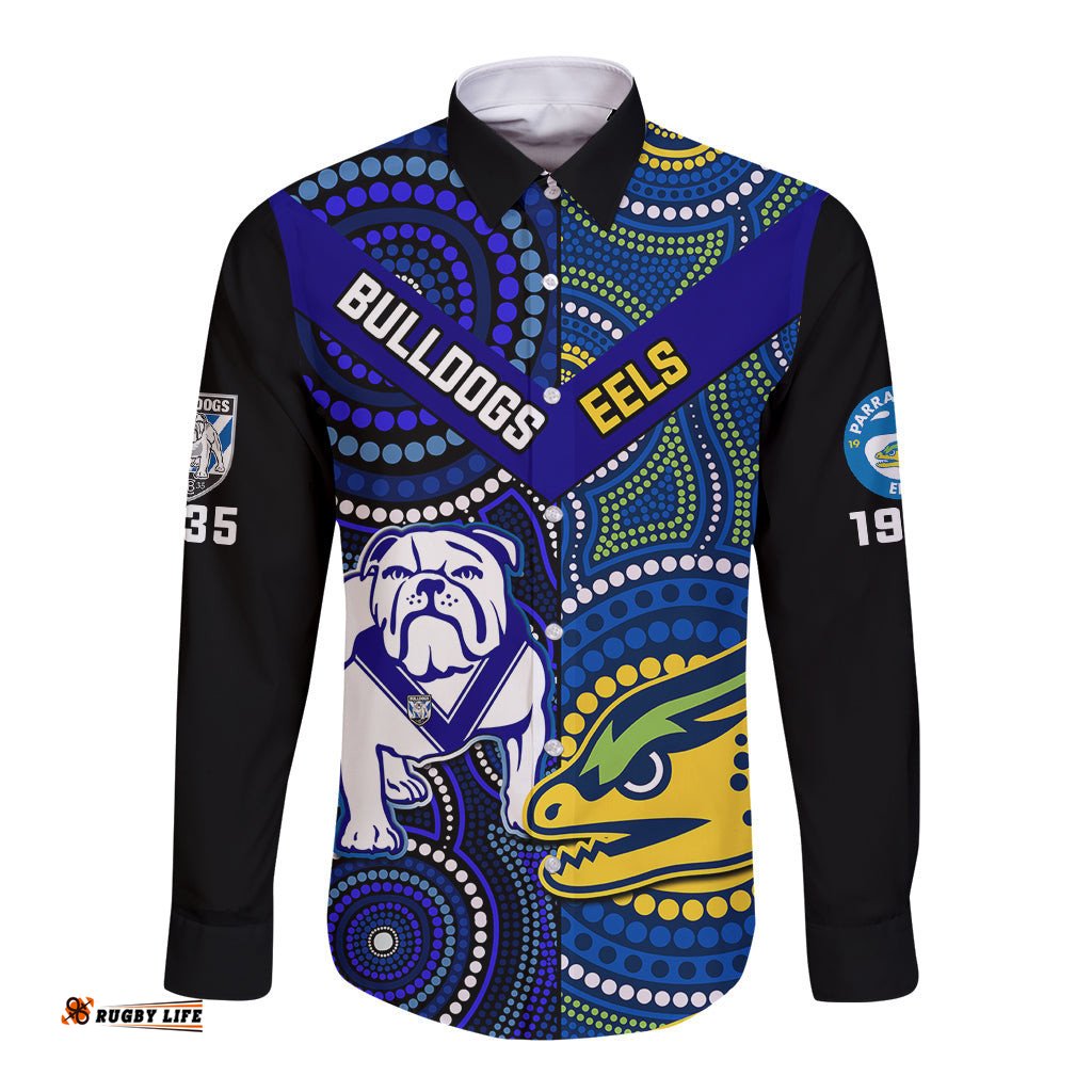 Bulldogs Mix Parramatta Eels Rugby Long Sleeve Button Shirt Aboriginal Version