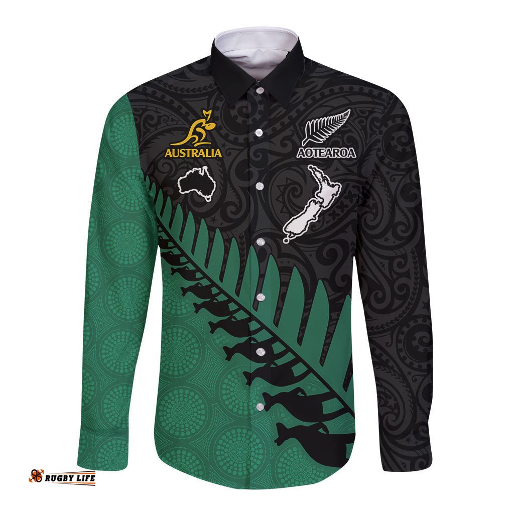 Custom Australia Wallabies and Aotearoa Rugby Long Sleeve Button Shirt Kangaroo Black Fern Maori Green Vibe