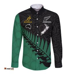 Custom Australia Wallabies and Aotearoa Rugby Long Sleeve Button Shirt Kangaroo Black Fern Maori Green Vibe