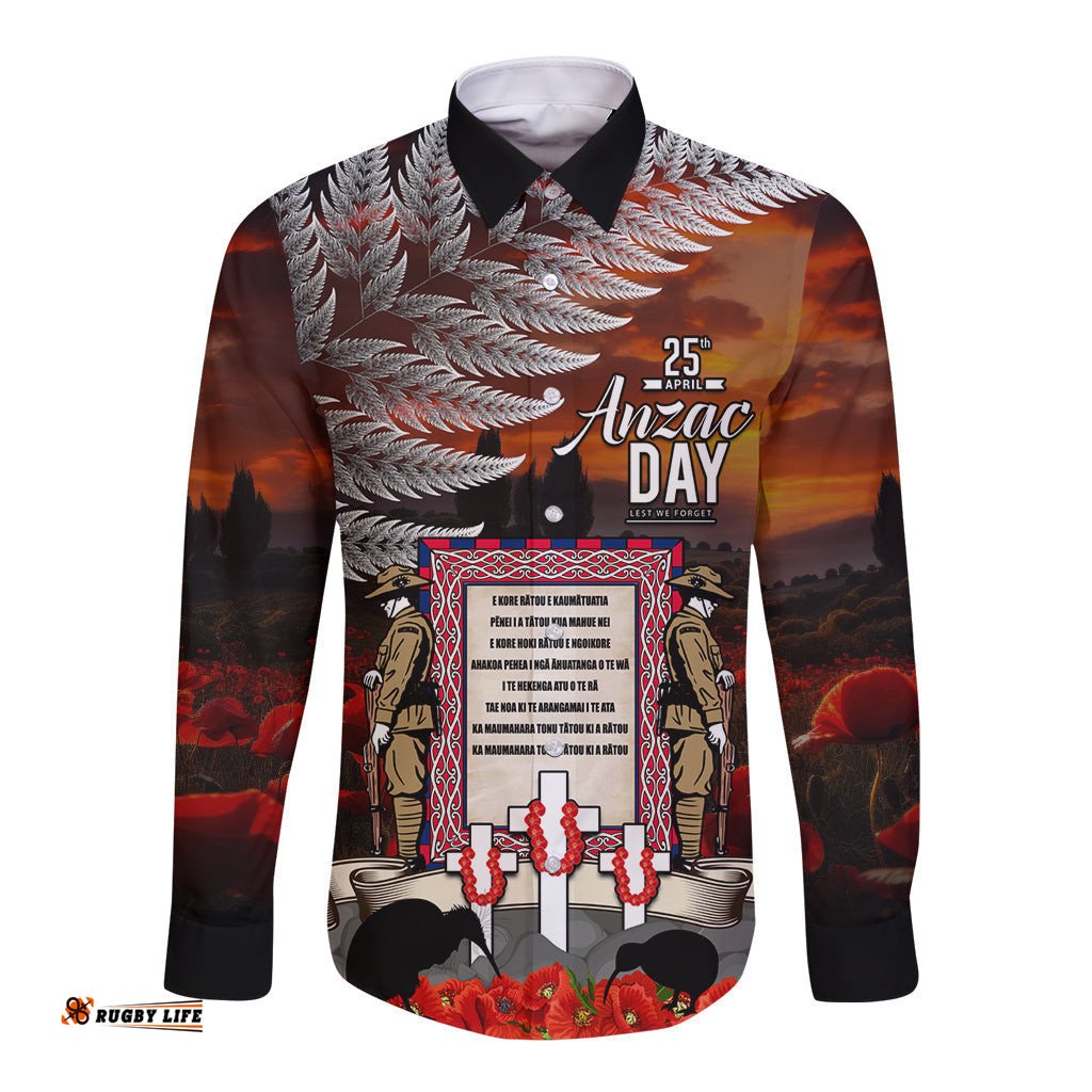 New Zealand ANZAC Day Long Sleeve Button Shirt The Ode of Remembrance and Silver Fern