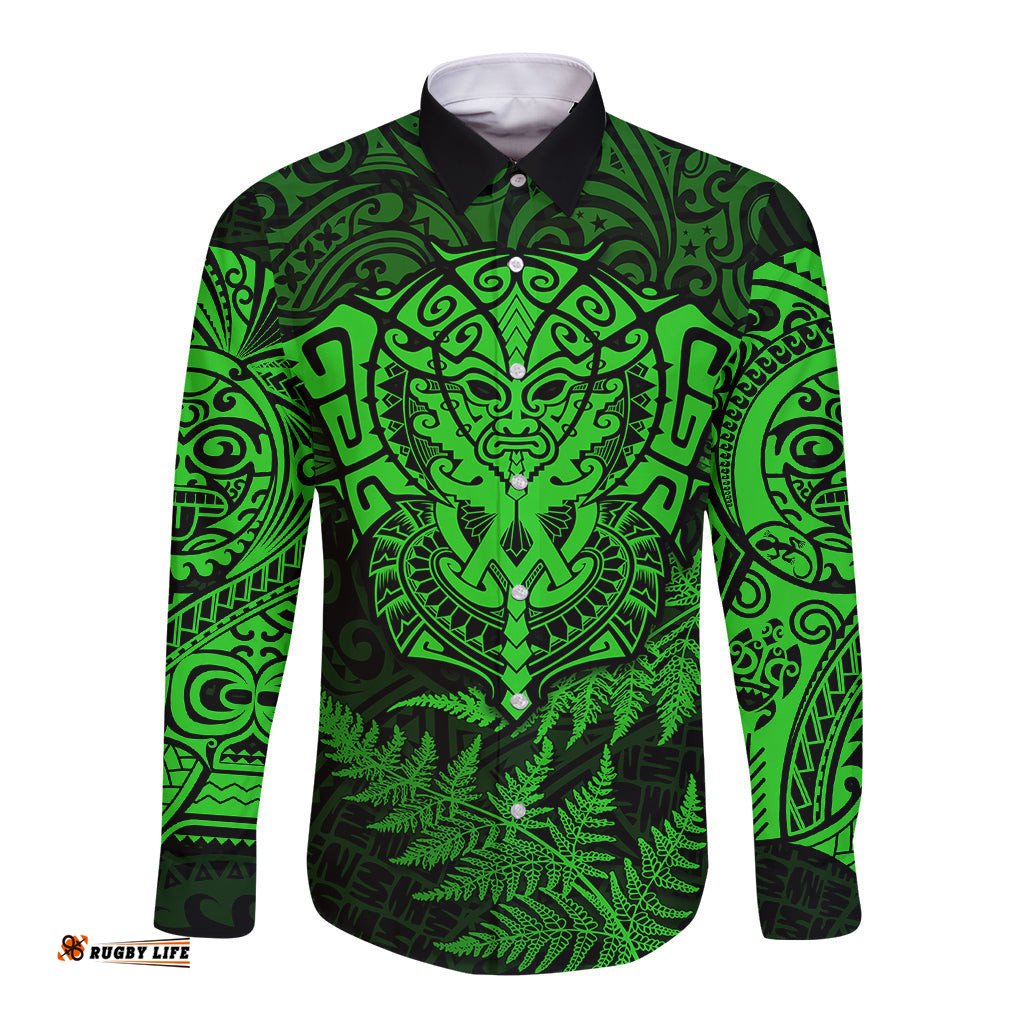 New Zealand Rugby Long Sleeve Button Shirt Silver Fern All Black Mix Ta Moko Green Style