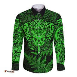 New Zealand Rugby Long Sleeve Button Shirt Silver Fern All Black Mix Ta Moko Green Style
