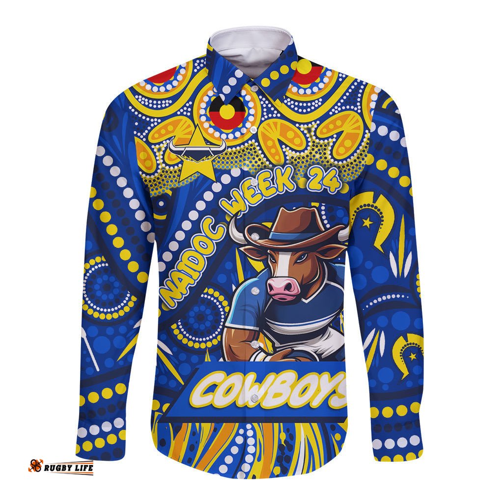 Custom Australia NAIDOC Week 2024 Long Sleeve Button Shirt Cowboys Mascot Keep The Fire Burning