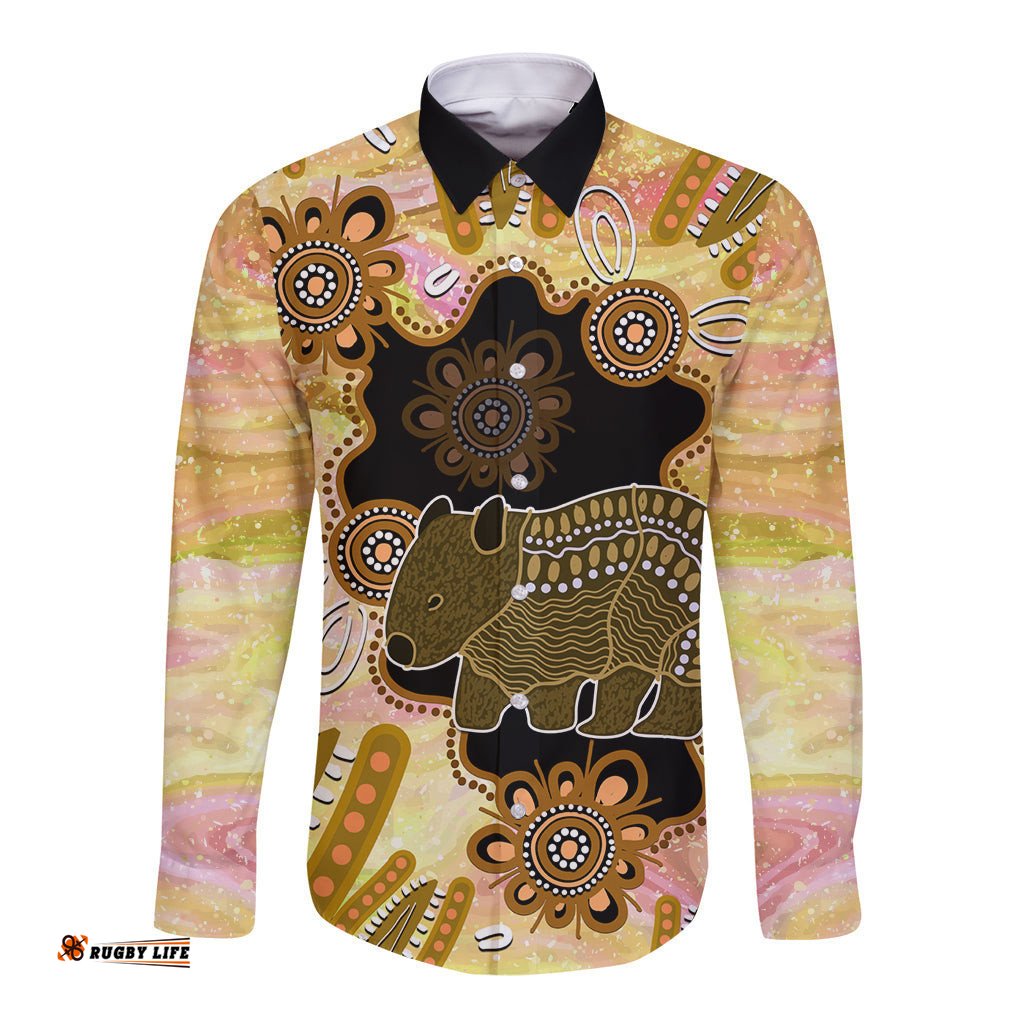 Australia Opal Wombat Long Sleeve Button Shirt Aussie Aboriginal Art