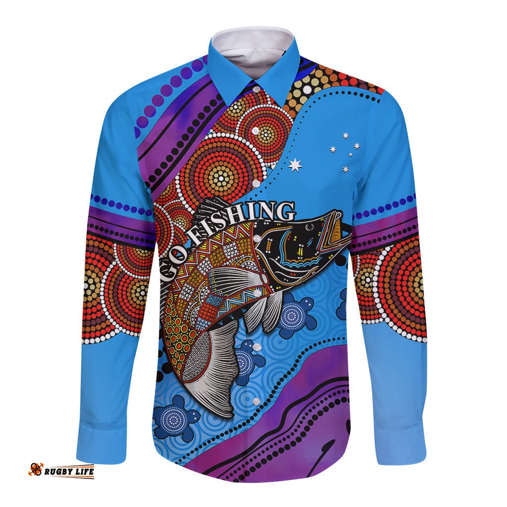 Custom Personalised Australia Long Sleeve Button Shirt Go Fishing Aboriginal Art