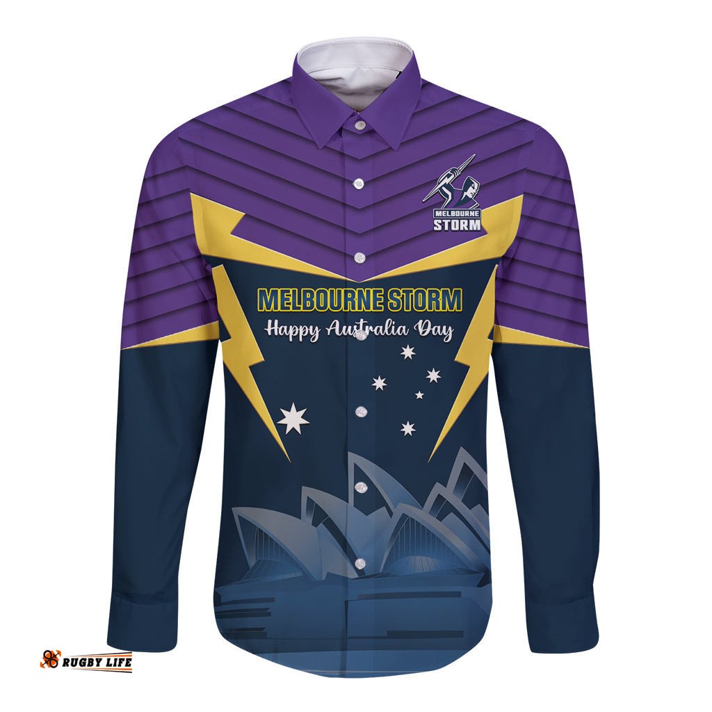 Custom Australia Day Storm Long Sleeve Button Shirt NRL 2024 Sydney Opera House With Map