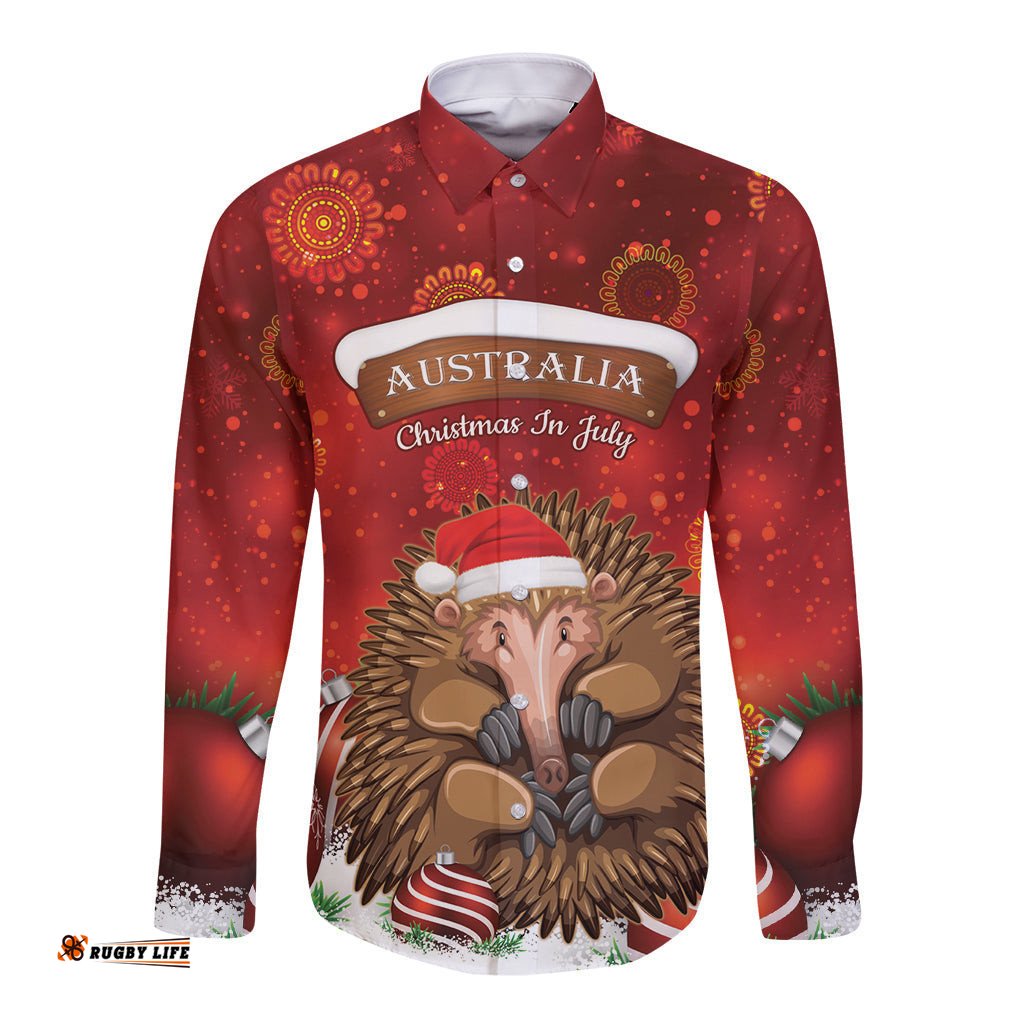 Australia Christmas In July Long Sleeve Button Shirt Echidna Santa Claus