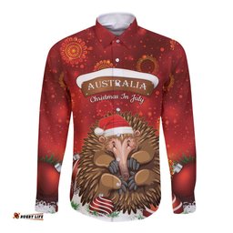 Australia Christmas In July Long Sleeve Button Shirt Echidna Santa Claus