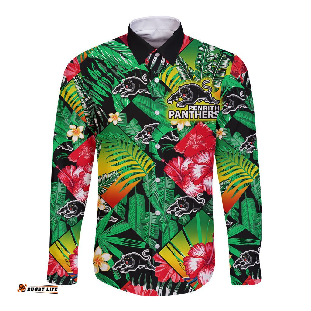 Panthers Rugby Long Sleeve Button Shirt Fashion Tropical Jungle Flowers