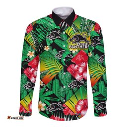 Panthers Rugby Long Sleeve Button Shirt Fashion Tropical Jungle Flowers