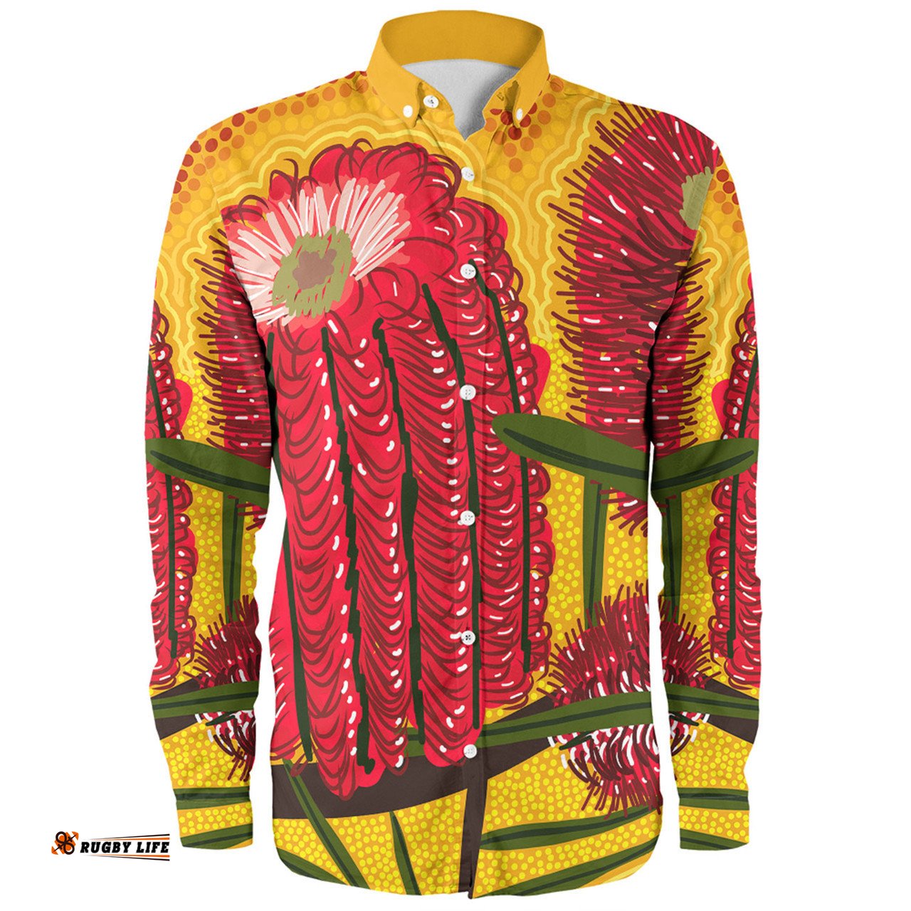 Amazing Aussie Australia Aboriginal Aboriginal Dot Art Of Australian Native Banksia Flower Long Sleeve Shirt