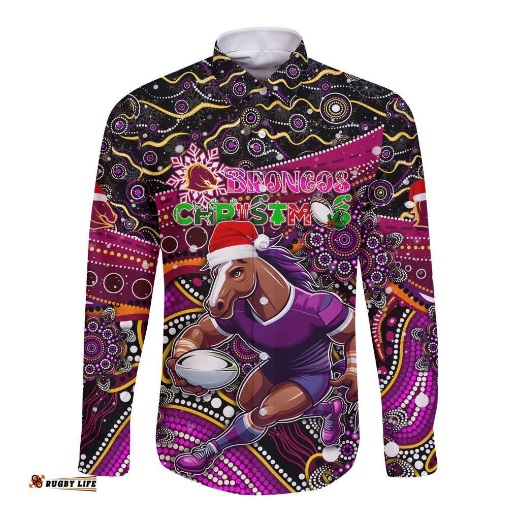 Merry Christmas Broncos Long Sleeve Button Shirt Aboriginal Santa Rugby Mascot - Brisbane