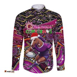 Merry Christmas Broncos Long Sleeve Button Shirt Aboriginal Santa Rugby Mascot - Brisbane