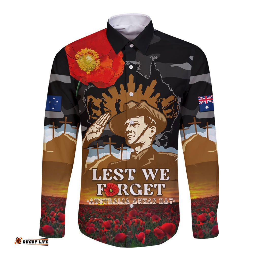 Australia ANZAC Day Long Sleeve Button Shirt Lest We Forget Australian Army Corps