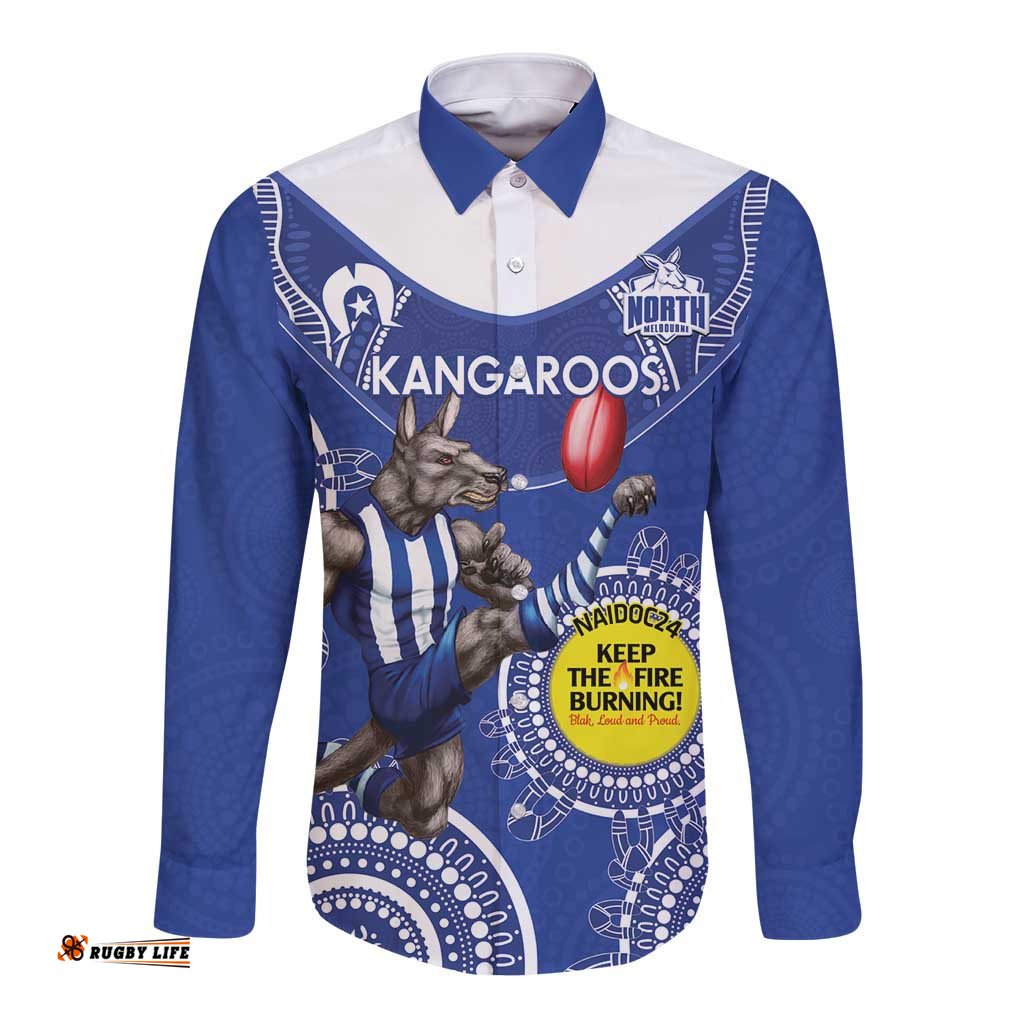 Custom AFL Kangaroos NAIDOC Week Long Sleeve Button Shirt Keep The Fire Burning Indigenous Art
