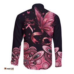 Think Pink Butterfly Ribbon Aboriginal Art Long Sleeve Button Shirt
