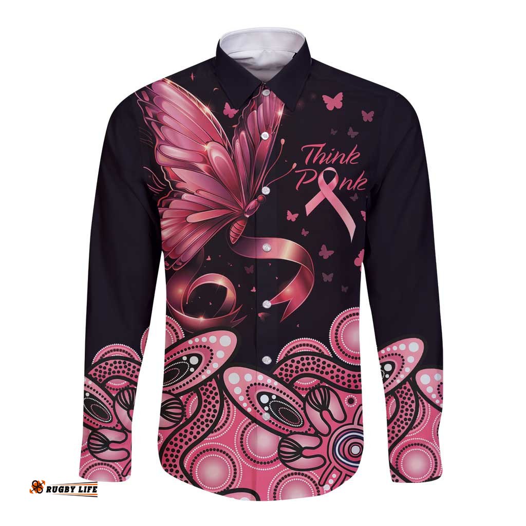Think Pink Butterfly Ribbon Aboriginal Art Long Sleeve Button Shirt