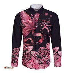 Think Pink Butterfly Ribbon Aboriginal Art Long Sleeve Button Shirt