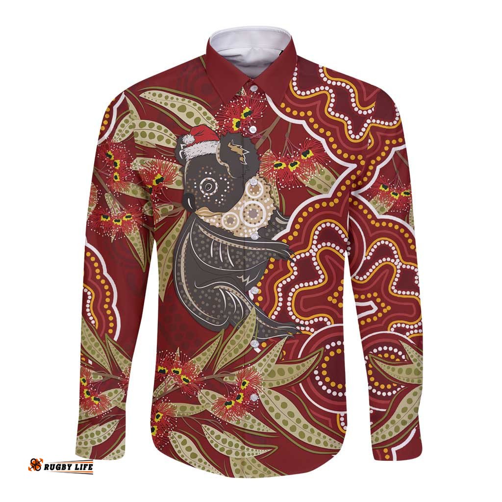 Australia Santa Koala Long Sleeve Button Shirt Aboriginal Style