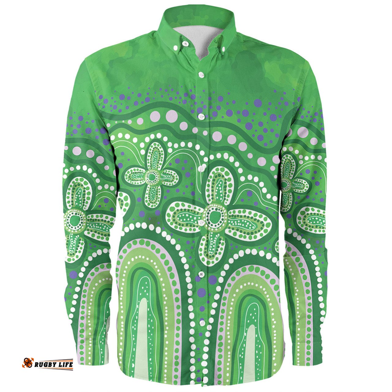 Amazing Aussie Australia Aboriginal Dot painting illustration in Aboriginal style Green Long Sleeve Shirt