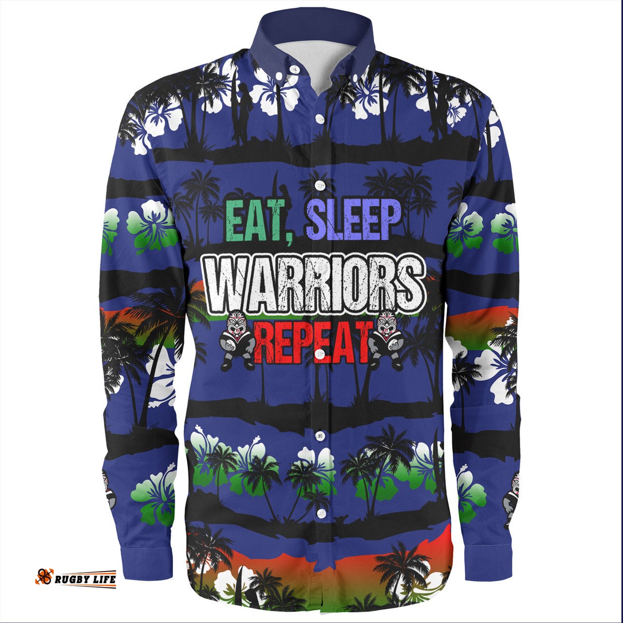 New Zealand Warriors Sport Long Sleeve Button Shirt - Eat Sleep Repeat With Tropical Patterns