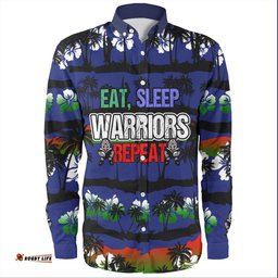 New Zealand Warriors Sport Long Sleeve Button Shirt - Eat Sleep Repeat With Tropical Patterns
