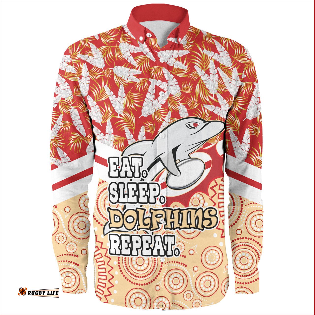 Redcliffe Dolphins Long Sleeve Button Shirt - Tropical Patterns And Dot Painting Eat Sleep Rugby Repeat